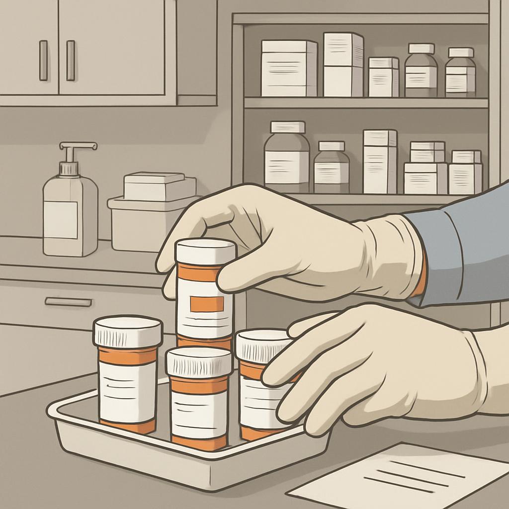 **Alt Text:** A cartoon-style illustration of a pharmacist or medical professional arranging illegible white-labeled presc...