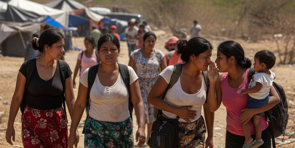 Four indigenous women and a baby walk towards the camera, in a desert landscape. There are many behind and around them wit...