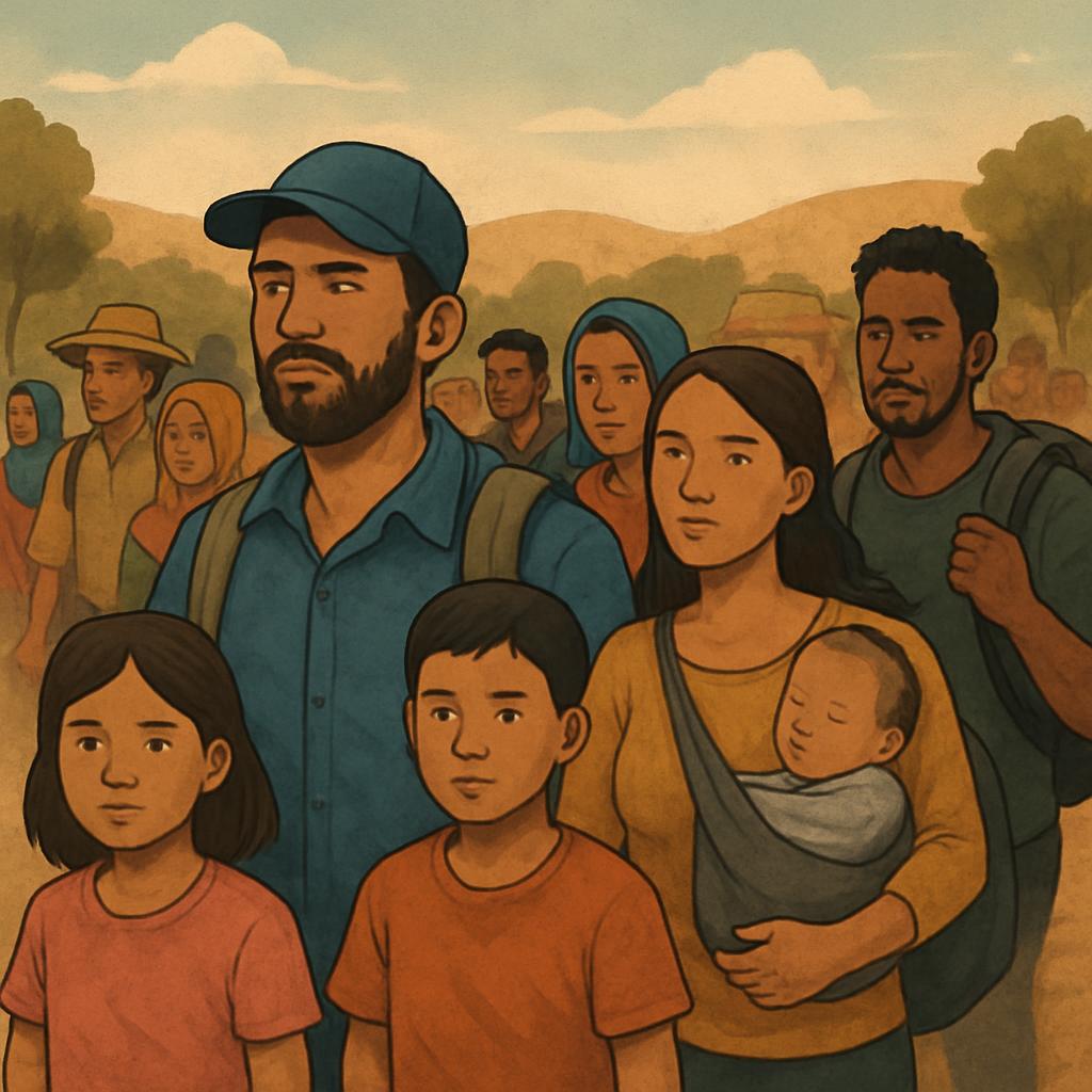 A group of people from diverse ethnic backgrounds, walking together in the wilderness. Most appear to be adults with at le...