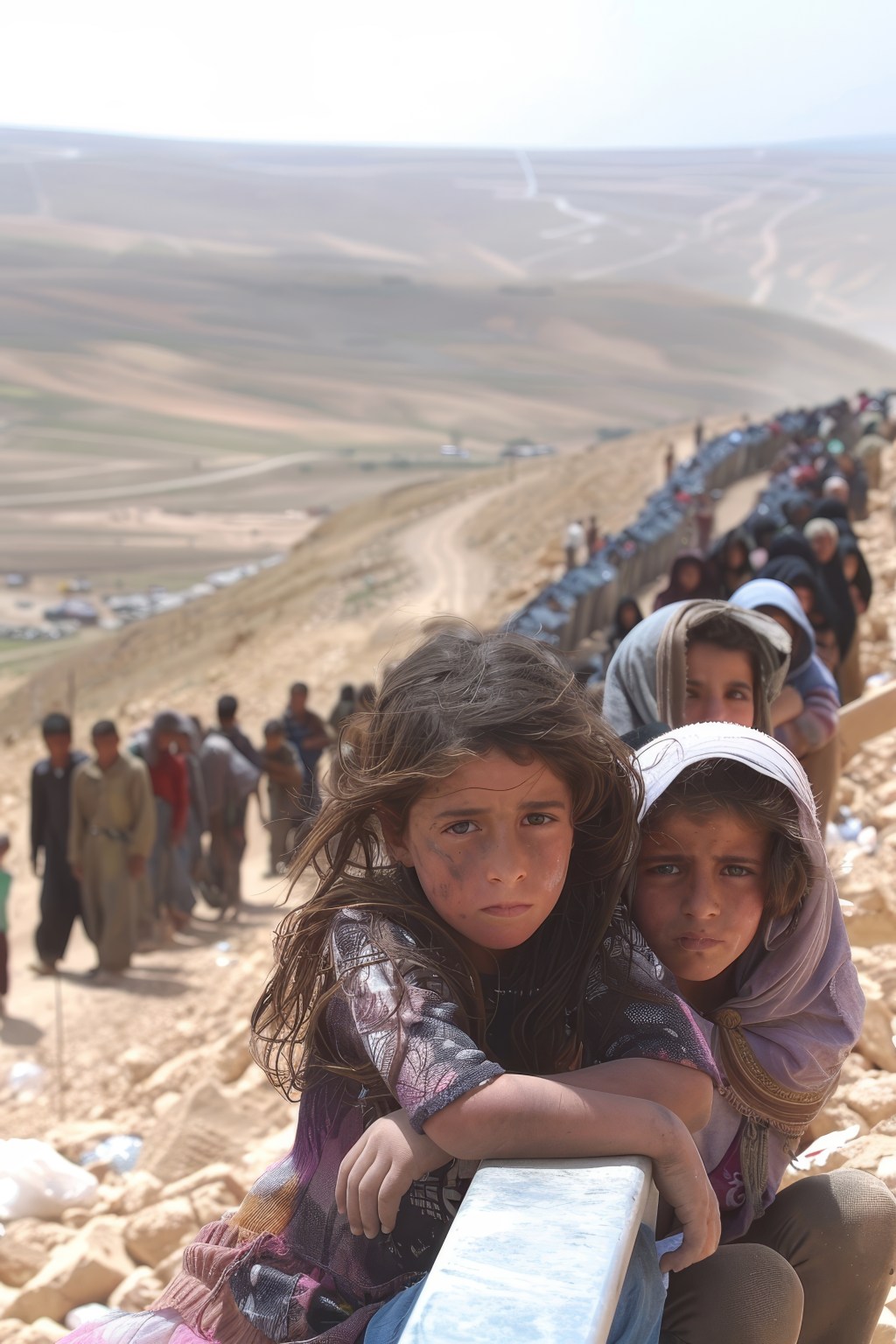 A photo of two children sitting in the front, arms resting on a white railing, while children line up behind them on the r...